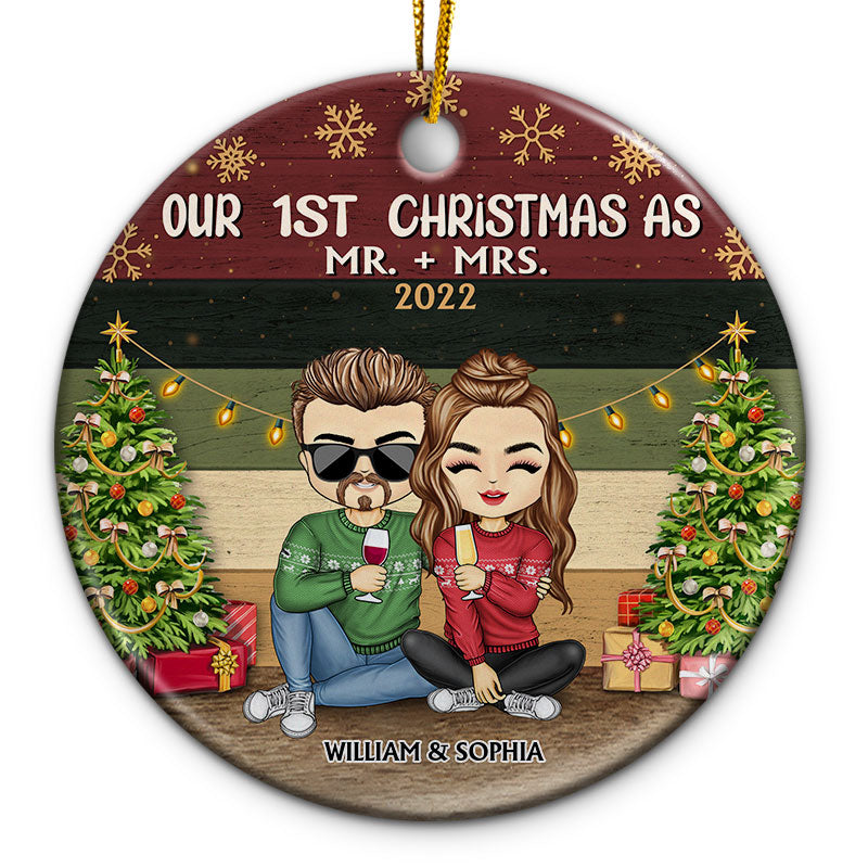Our 1st Christmas As Mr And Mrs Chibi - Christmas Gift For Couples - Personalized Custom Circle Ceramic Ornament