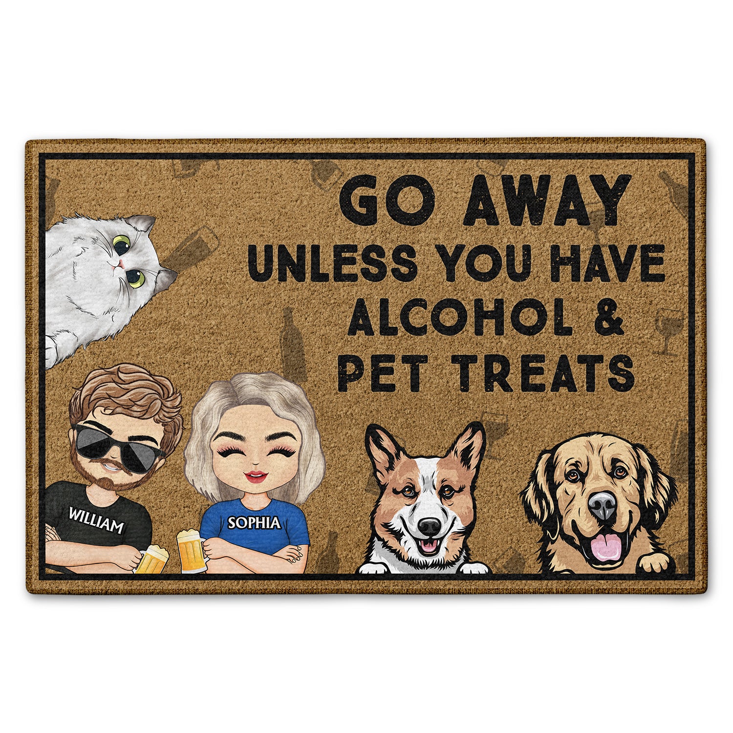 Go Away Unless You Have Alcohol And Dog Treats Cat Treats Pet Treats Chibi Couples - Home Decor, Birthday, Housewarming Gift For Dog Lovers & Cat Lovers - Personalized Custom Doormat