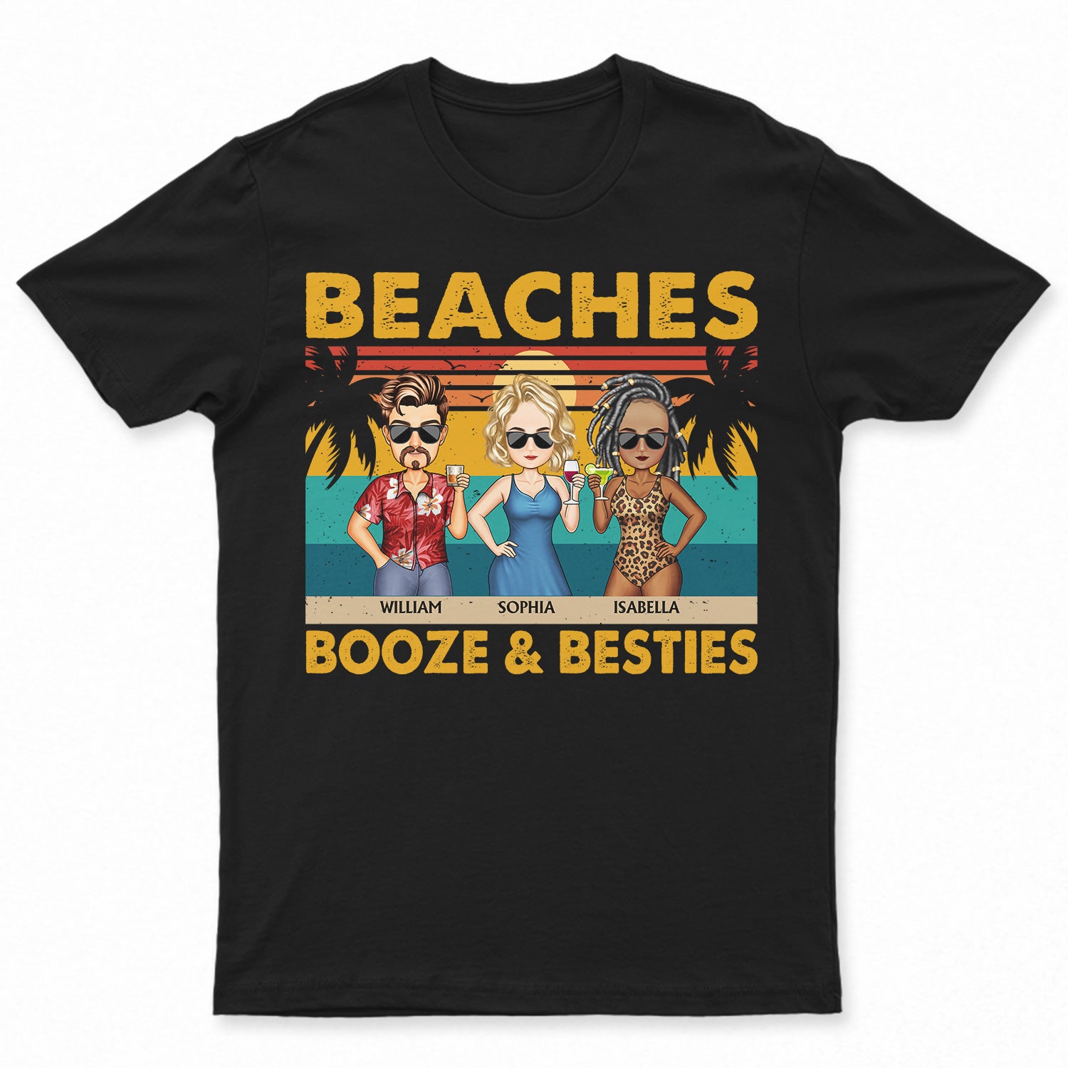 Beaches Booze & Besties Vintage - Vacation, Anniversary, Birthday Gift For Besties, Best Friends - Personalized Custom T Shirt