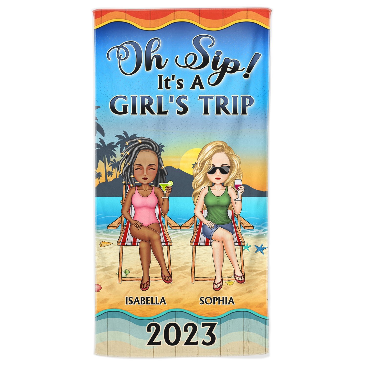Oh Sip It's A Girl's Trip Beach Traveling Cartoon - Anniversary, Birthday Gift For Besties, Best Friends, BFF - Personalized Custom Beach Towel