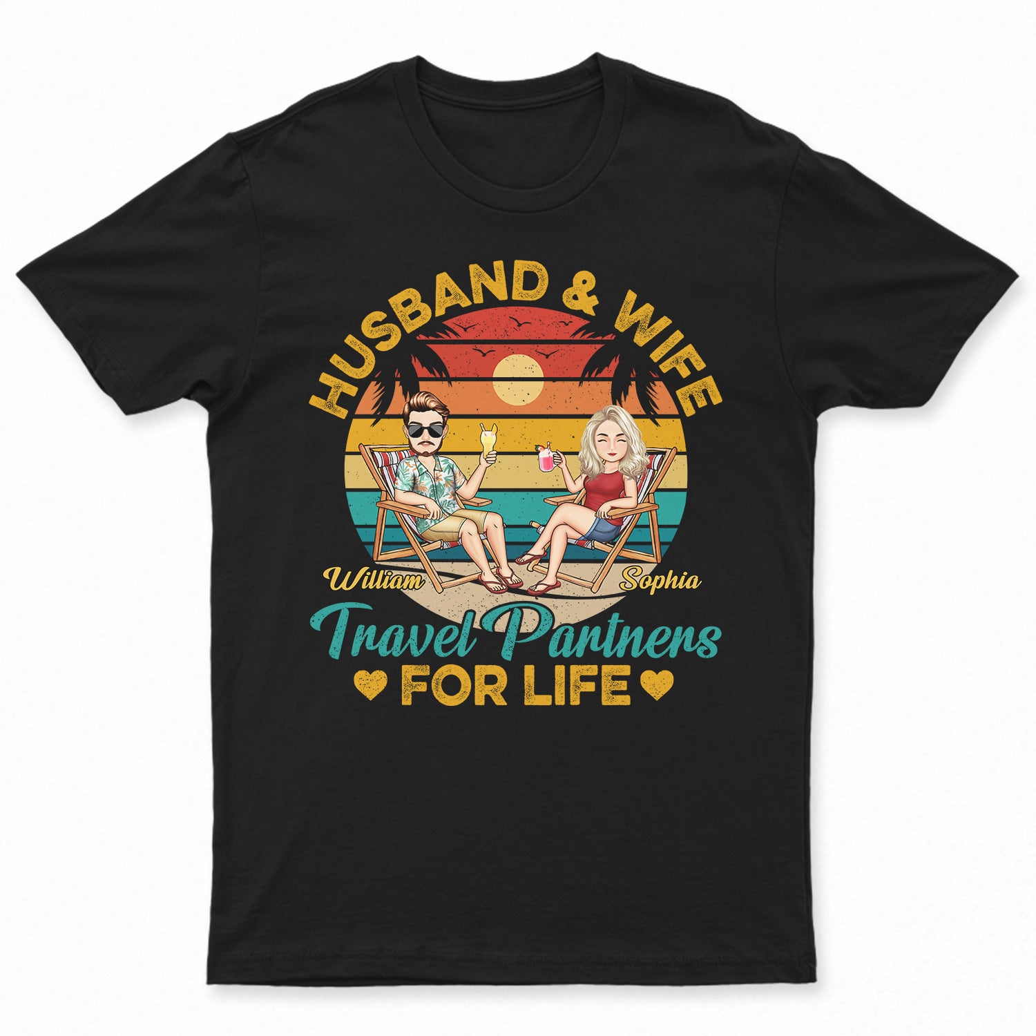 Husband And Wife Travel Partners For Life Beach Traveling Couples Cartoon - Anniversary, Birthday Gift For Spouse, Boyfriend, Girlfriend - Personalized Custom T Shirt