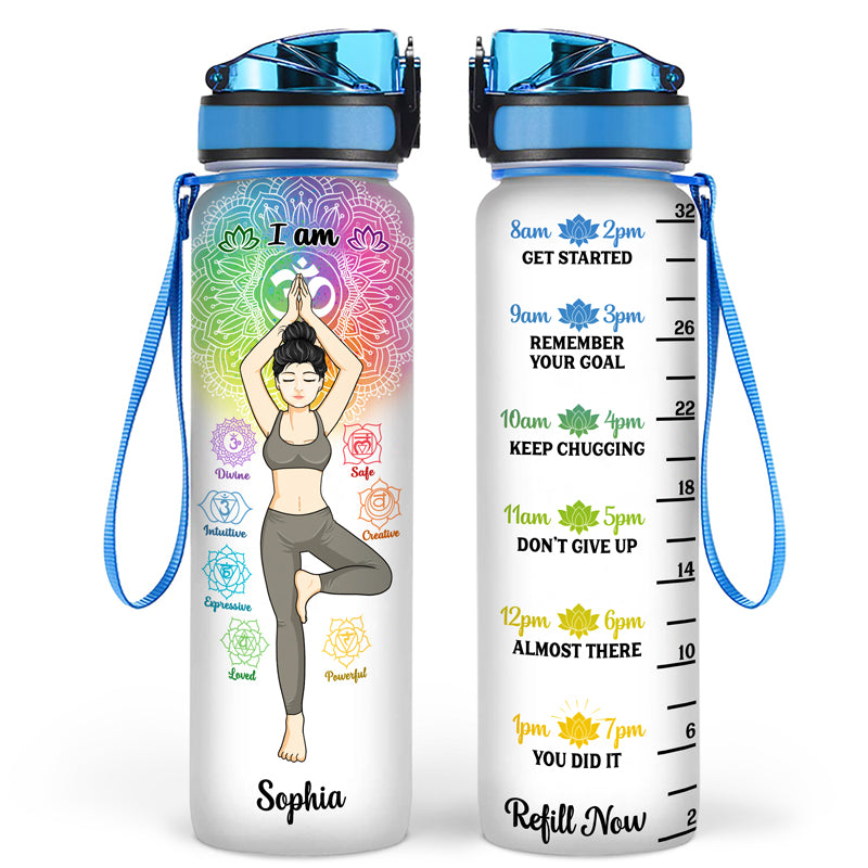 I Am Divine Intuitive Expressive Loved Powerful Creative Safe - Gift For Yoga Lovers - Personalized Custom Water Tracker Bottle