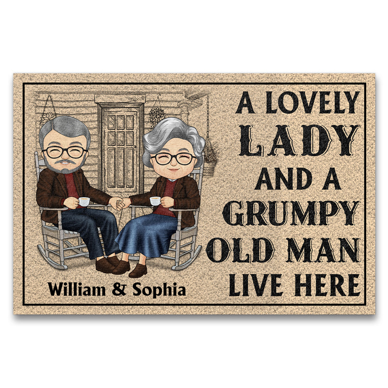 Chibi Old Couple A Lovely Lady And A Grumpy Old Man Live Here - Couple Gift - Personalized Custom Doormat
