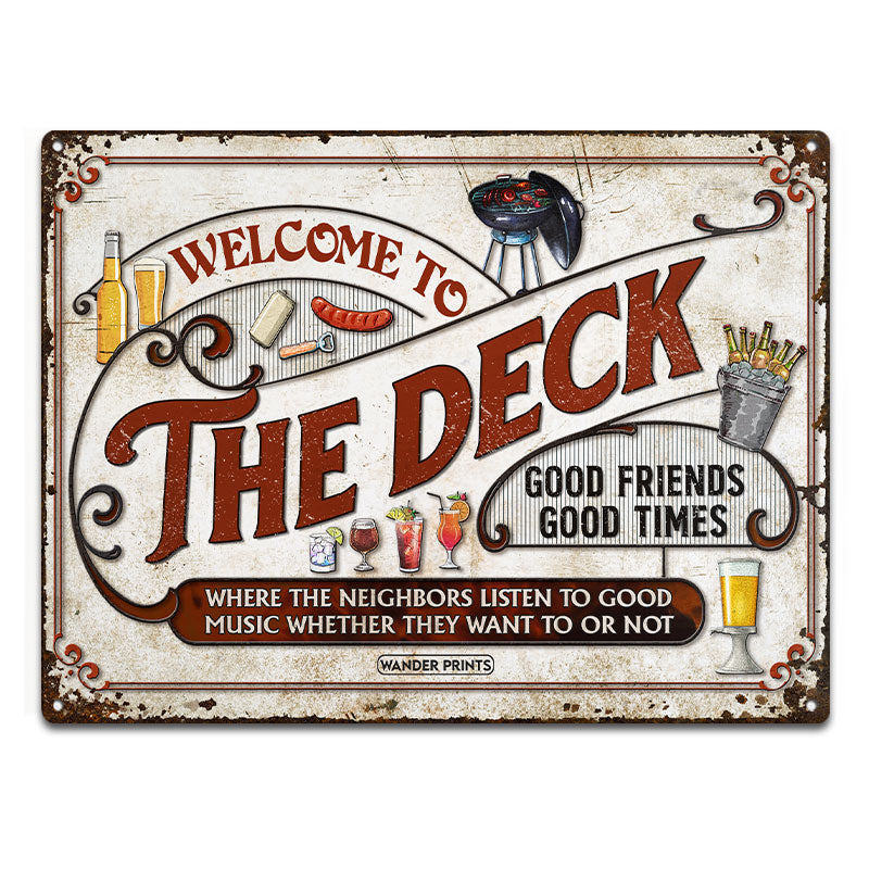 Wander Prints Backyard Decor, Outdoor Decor, Housewarming Gifts, Family Gifts, Patio, Garden, Pool, Bar & Grill, BBQ -	Where The Neighbors Listen To Good Music, Deck Signs, Classic Metal Signs, Tin Signs