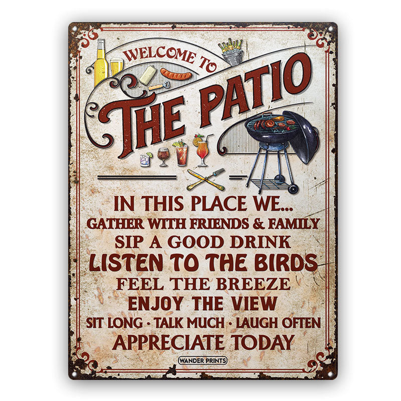 Wander Prints Family Gifts, Backyard Decor, Outdoor Decor, Housewarming Gifts, Patio, Garden, Pool, Bar & Grill, BBQ -	In This Place We Gather With Friends, Patio Signs, Classic Metal Signs, Tin Signs