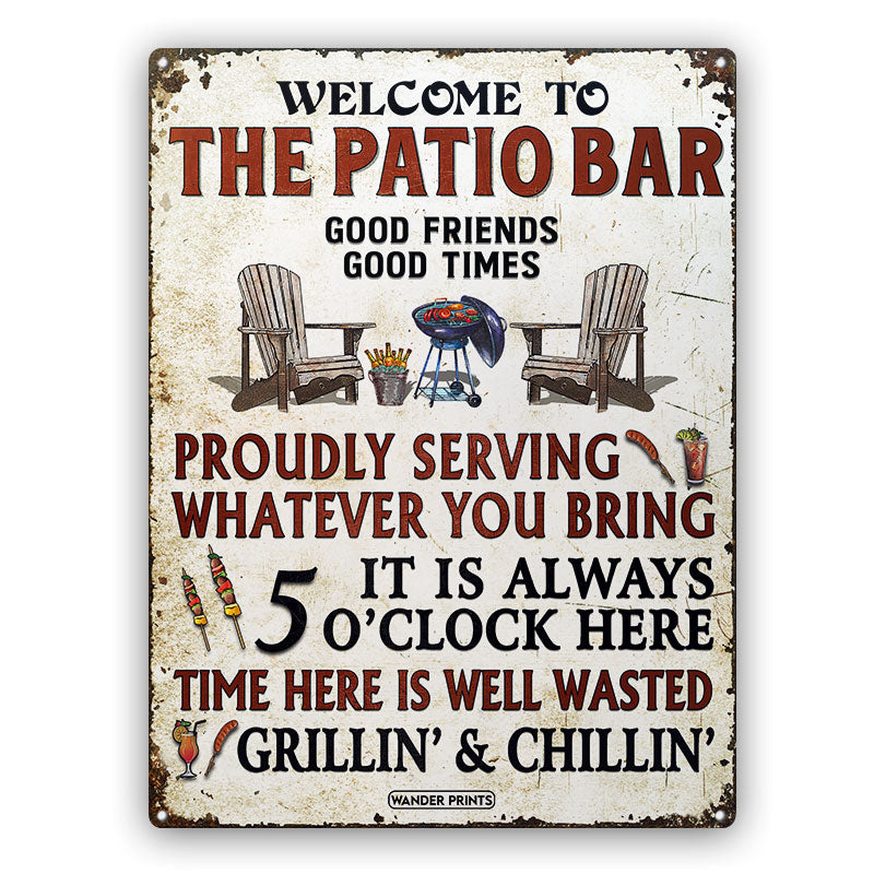 Wander Prints Family Gifts, Backyard Decor, Outdoor Decor, Housewarming Gifts, Patio, Garden, Pool, Bar & Grill, BBQ -	Proudly Serving Whatever You Bring, Patio Bar Signs, Classic Metal Signs, Tin Signs