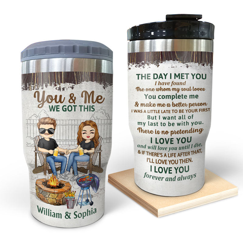 Grilling Backyard Family Chibi Couple The Day I Met You - Couple Gift - Personalized Custom Triple 3 In 1 Can Cooler