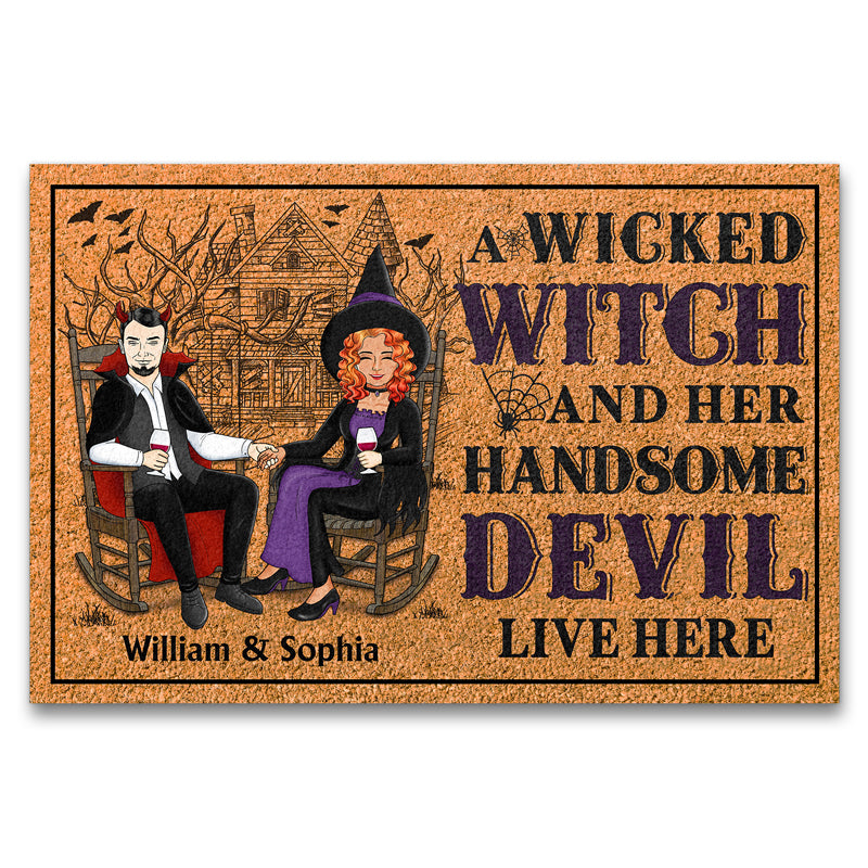 A Wicked Witch And Her Handsome Devil Live Here - Gift For Couples - Personalized Custom Doormat