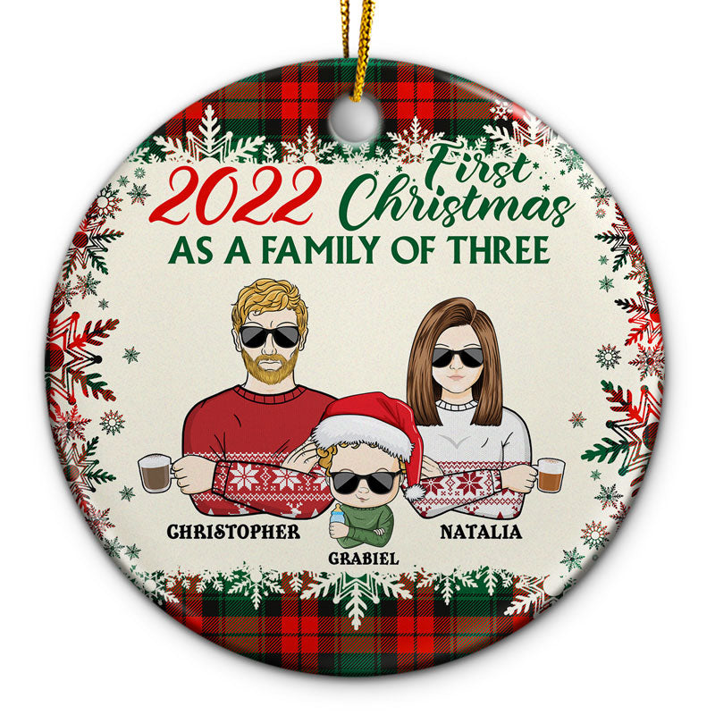 First Christmas As A Family Of Three - Gift For New Parents - Personalized Custom Circle Ceramic Ornament