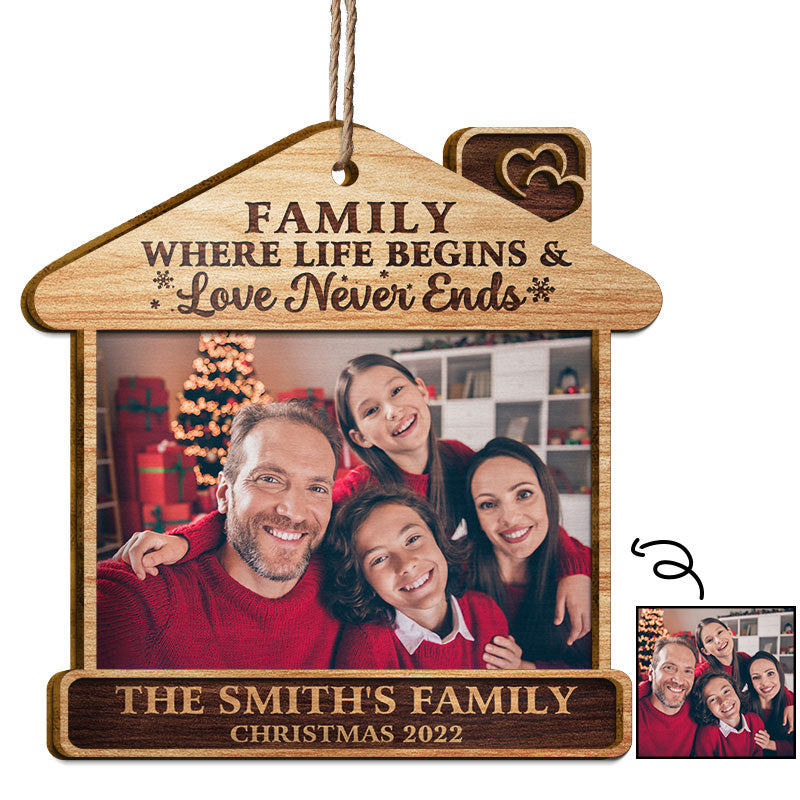 Custom Photo Family Where Life Begins And Love Never Ends - Christmas Gift For Family - Personalized Custom 2 Layered Wooden Ornament