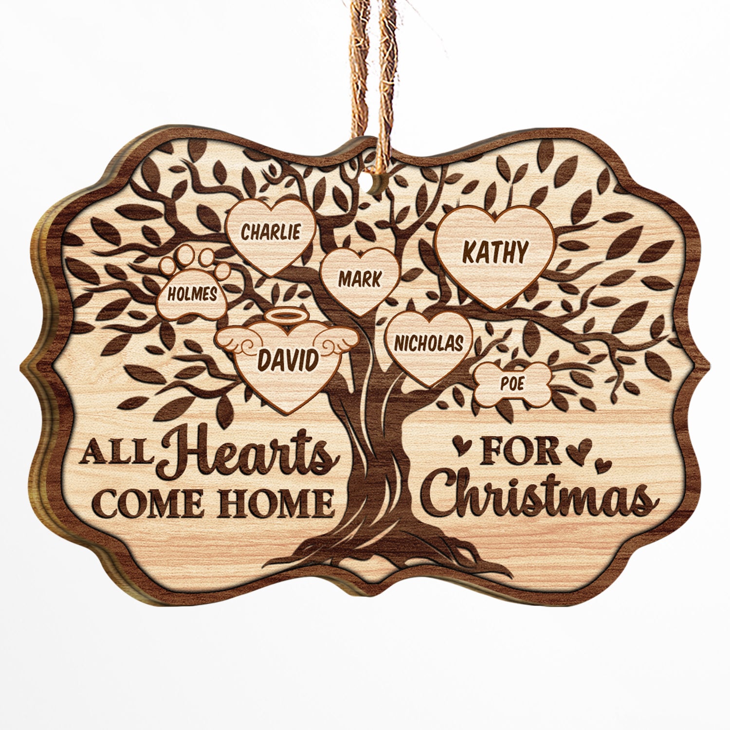 Christmas Family Tree All Hearts Come Home For Christmas - Memorial Gift For Family - Personalized Custom Wooden Ornament