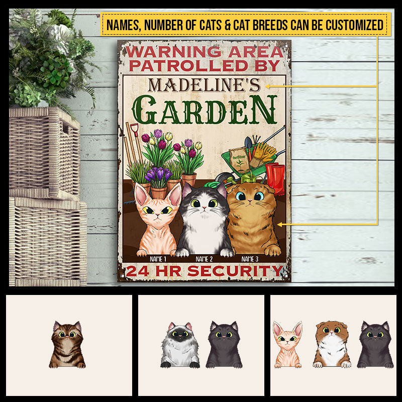 Warning Area Patrolled By Cats, Cat Lover Gift, Gardening Gift, Garden Sign, Custom Classic Metal Signs