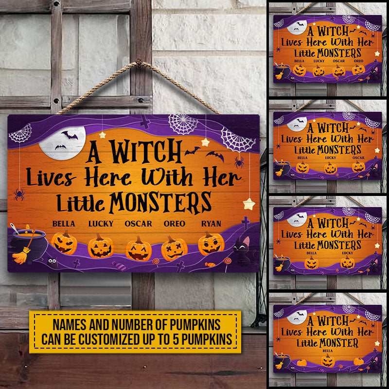 Witch Her Little Monster Live Here Custom Wood Rectangle Sign, Witch Sign, Halloween Decor, Halloween Gift