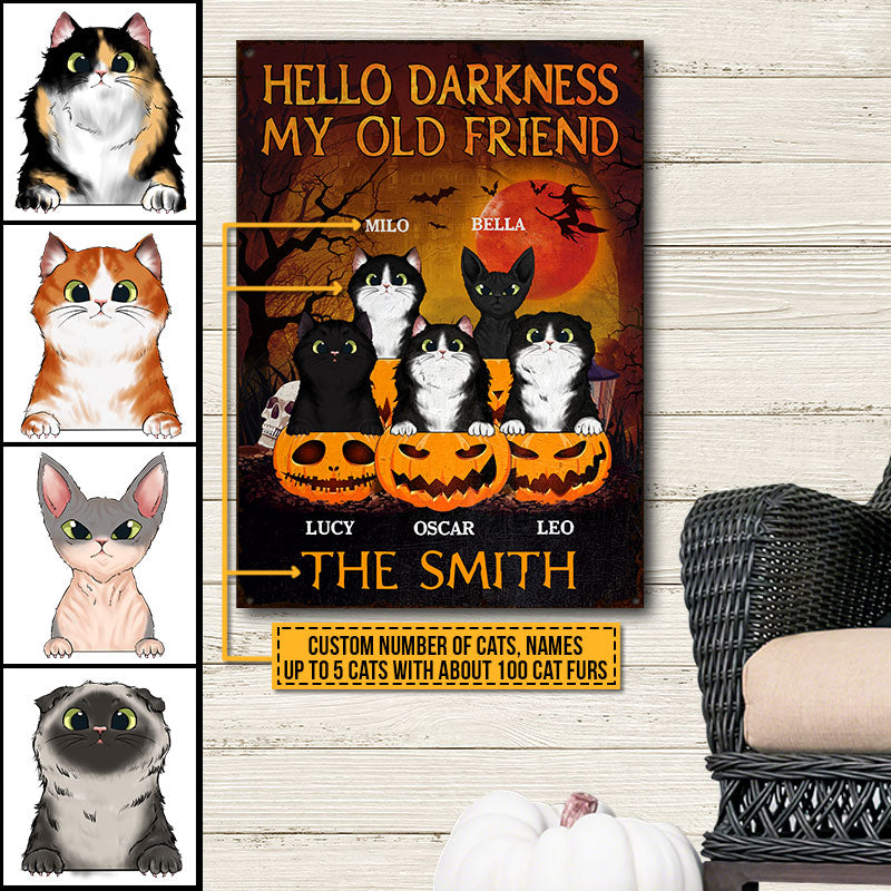 Witch Black Cat Hello Darkness My Old Friend Custom Classic Metal Signs, Personalized Witch Sign, Halloween Outdoor Decor