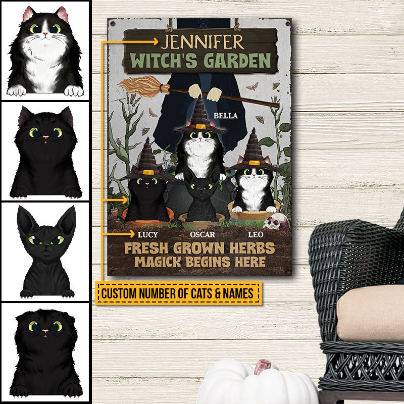 Witch Garden Magick Begins Here With Black Cat Custom Classic Metal Signs, Personalized Witch Sign, Black Cat Garden Decor