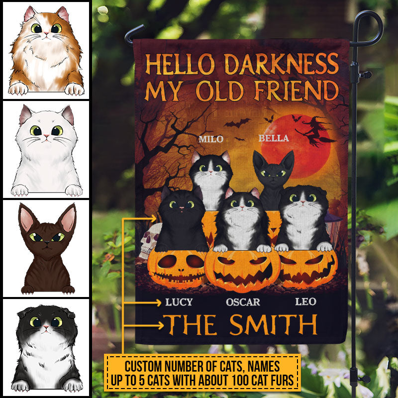Witch Black Cat Hello Darkness My Old Friend Custom Flag, Personalized Witch Flag, Halloween Outdoor Decor