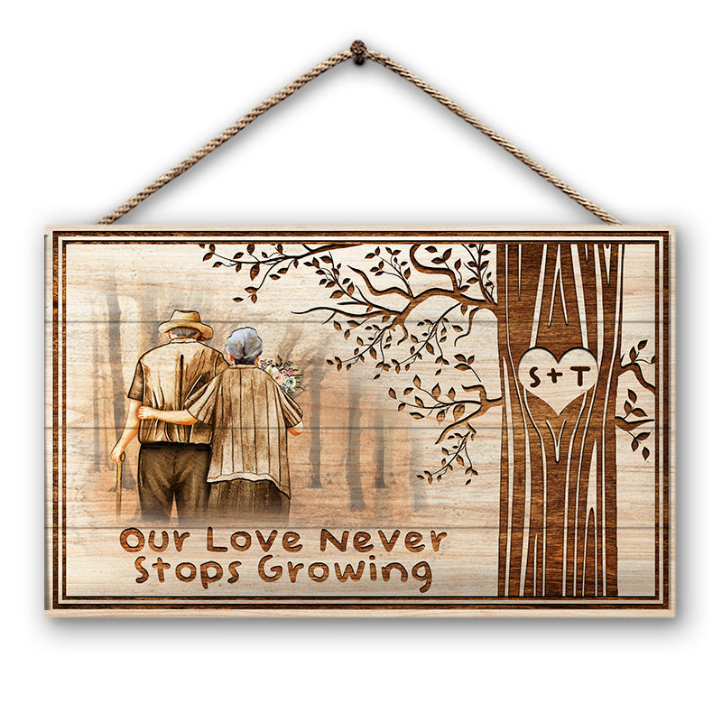 Old Couple Never Stops Growing Custom Wood Rectangle Sign, Gifts For Wedding, Anniversary, Birthday, Grandparents' Day Gift
