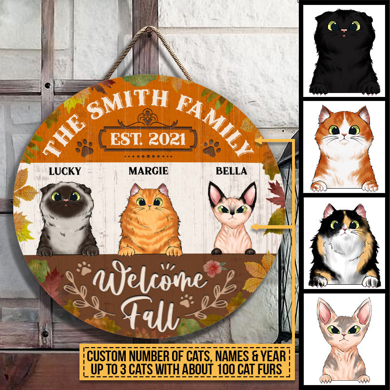 Welcome Fall, Cat Lover Gift, Autumn Front Door Sign, Custom Wood Circle Sign