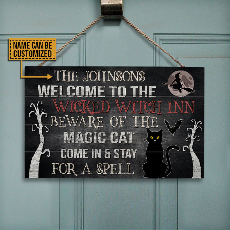 Witch Black Cat Staying For A Spell Custom Wood Rectangle Sign