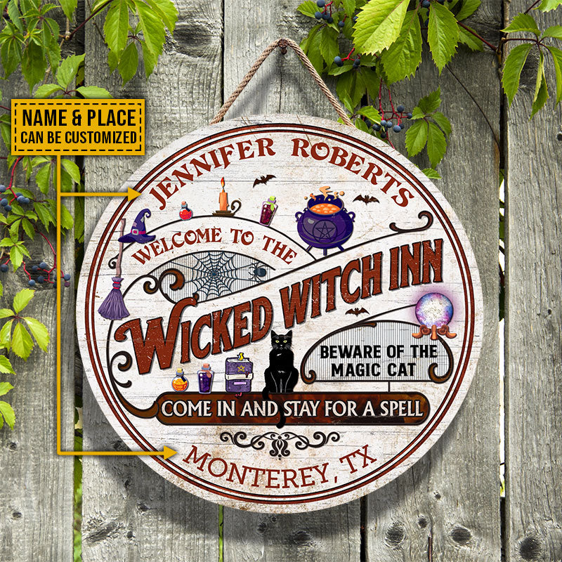 Witch Inn Black Cat Stay For A Spell Custom Wood Circle Sign, Witch Decor, Witchy, Goth, Witch Sign, Halloween Sign, Halloween Gift