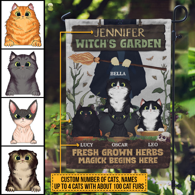 Witch Garden Magick Begins Here With Cats Custom Flag, Personalized Witch Flag, Cat Garden Decor